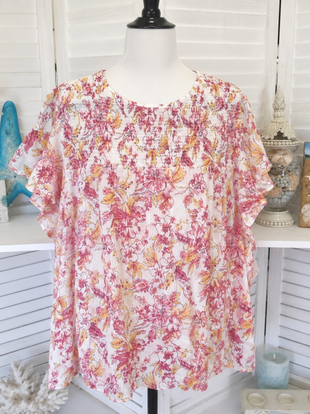 Counterparts Pink Yellow Floral Smocked Flutter Sleeve Top XL Airy Blouse
